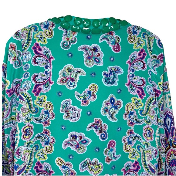 Tibi - Women’s Vintage Blouse, Paisley Silk Beading Tunic V-Neck - Green, Size 4 - Picture 13 of 16